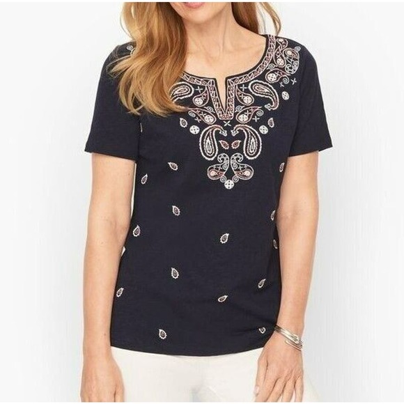 Talbots Blouse Womens PS Navy Embroidered Beaded Paisley Short Sleeve Split Neck - Picture 1 of 8
